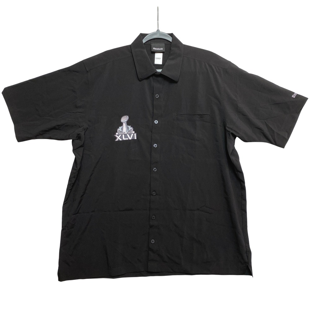 Reebok Button-Down Mens XL Black Super Bowl XLVI Short Sleeve Embroidered Top